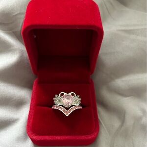 Silver swan design with pink stone and pink nesting chevron rings